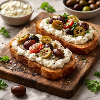 Toast with cottage cheese and olives