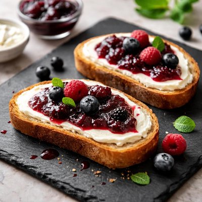 Toast with cream cheese and berry jam