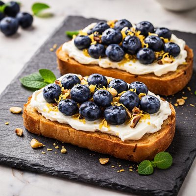 Toast with cream cheese and blueberries
