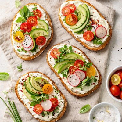 Toast with cream cheese and vegetables