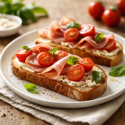 Toast with ham and cherry tomatoes