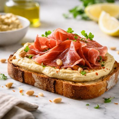 Toast with hummus and jamon