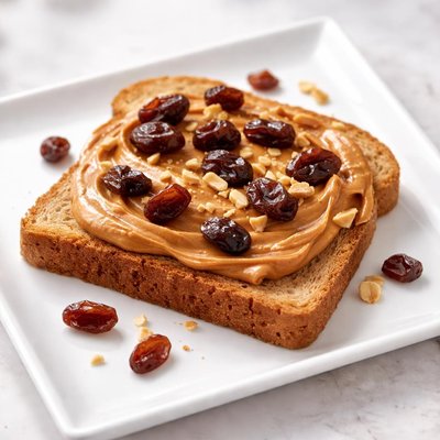 Toast with peanut butter and raisins