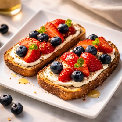 Toast with strawberries and blueberries