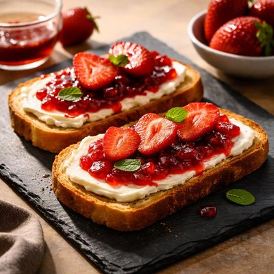 Toast with strawberry jam and cream cheese