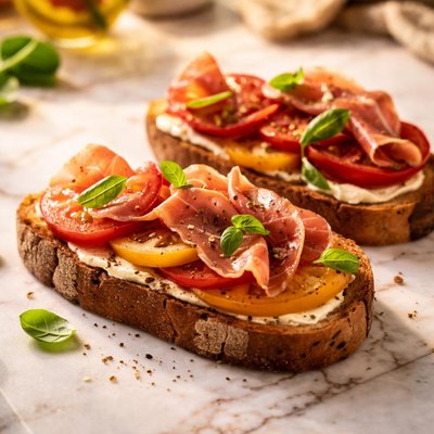 Toast with tomato and prosciutto