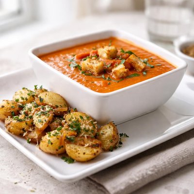 Toasted tomato soup with garlic onion potatoes