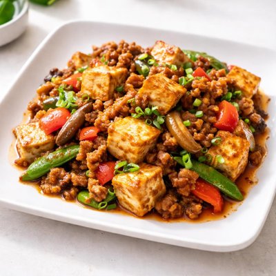 Tofu and minced meat with vegetables