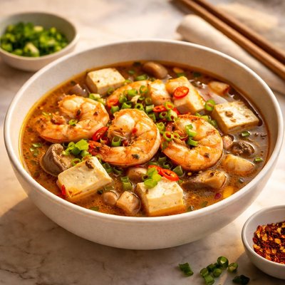 Tofu soup with prawn