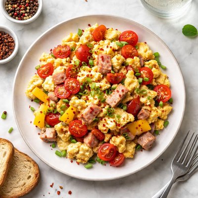 Tomato chili bell pepper ham scrambled eggs