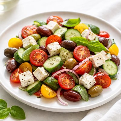 Tomato cucumber feta and olive salad
