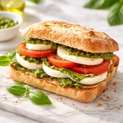 Tomato mozzarella pesto sandwich