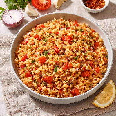 Arroz frito con tomate, cebolla y ajo