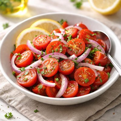 Ensalada de tomate, cebolla, limón y jugo