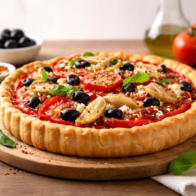 Tomato pie with black olive and artichoke