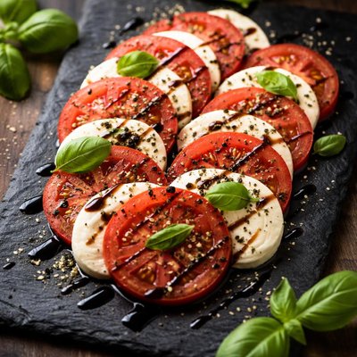 Tomato slices with mozzarella and balsamic glaze
