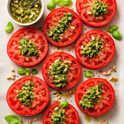 Tomato slices with pesto