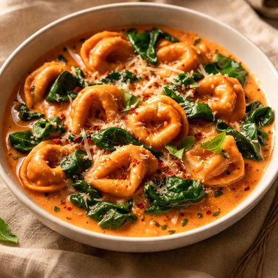 Tortellini in tomato cream sauce with spinach