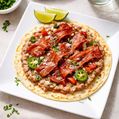Tortilla with refried beans and bacon