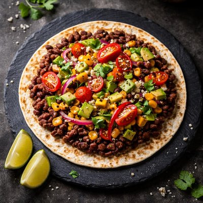 Tortilla with refried beans and vegetables