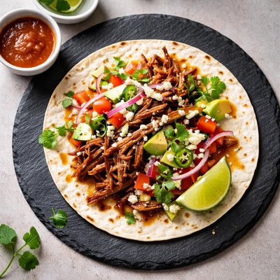 Tortilla with shredded meat and sauce
