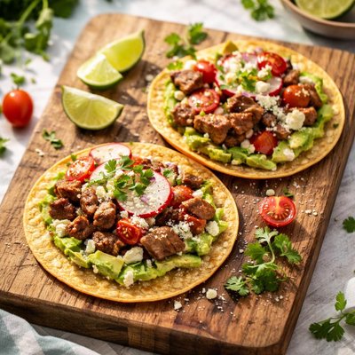 Tostada with avocado and meat