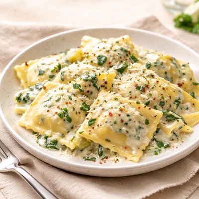 托瓦拉奶油菠菜和艺术蒜苗意大利饺