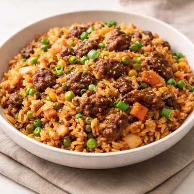 Arroz frito de carne de bulgogi inspirado en Corea de Trader Joe's con kimchi