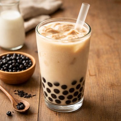 Traditional classic milk bubble tea with tapioca pearls