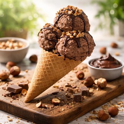 Triple chocolate ice cream with cone and nuts