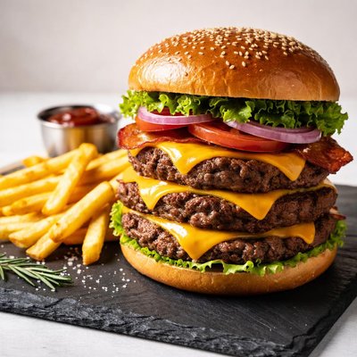 Triple cheeseburger and chips

Translated to Spanish:
Triple cheeseburger y papas