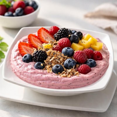 Tropical smoothie mixed berry greek yogurt bowl