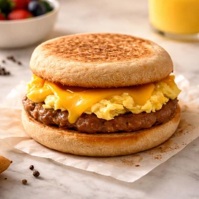 Tukey sausage eggs and cheese sandwich