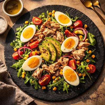 Tuna and egg salad with avocado and sweetcorn