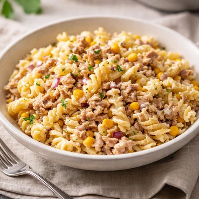 Tuna and sweetcorn pasta with mayonnaise