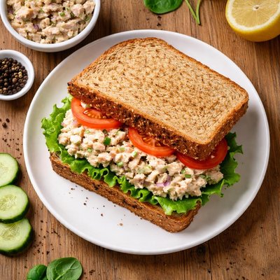 Tuna fish sandwich on whole wheat bread