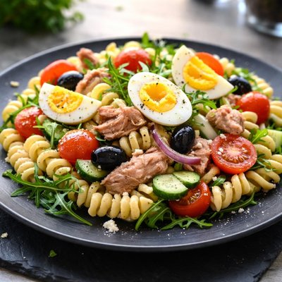 Tuna salad with pasta and eggs