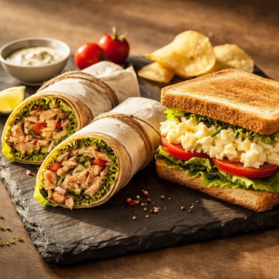 Tuna wrap and egg sandwich