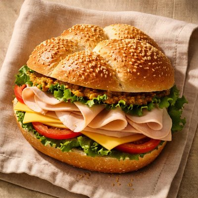 Turkey and cheese sandwich with mustard on a keyser roll