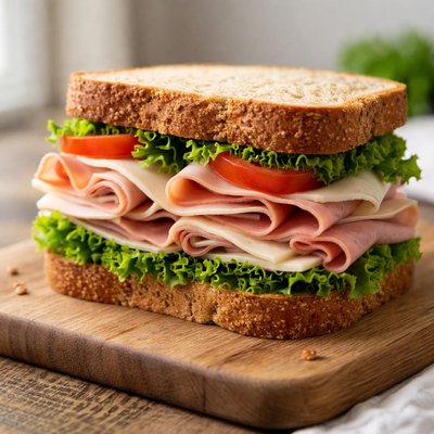 Turkey and ham sandwich on wheat bread