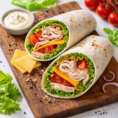 Turkey cheddar lettuce tomato tortilla wrap