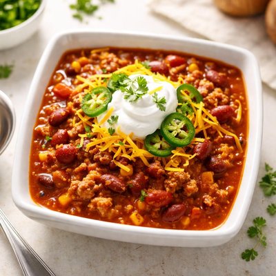 Turkey chili with cheese and aour cream