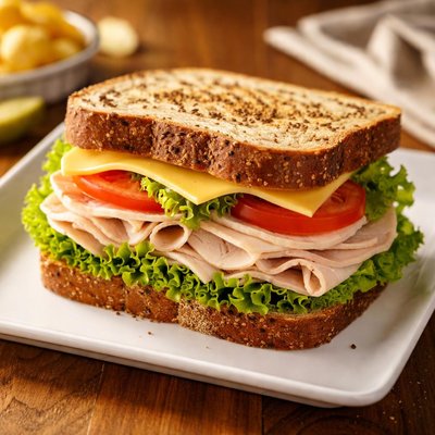 Turkey sandwich on rye bread with lettuce and cheese