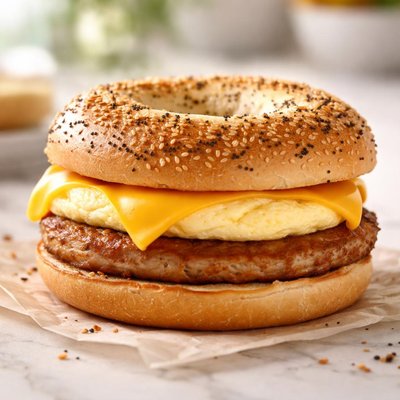 Turkey sausage egg and cheese bagel