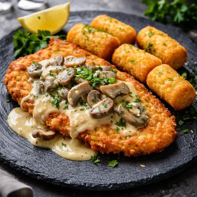 Turkey schnitzel with mushroom cream sauce and croquettes