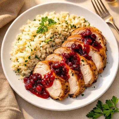 Turkey with rice and cranberry sauce