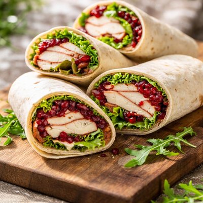 Turkey wrap with lettuce and cramberry sauce