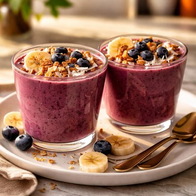 Two cups of acai and banana smoothie