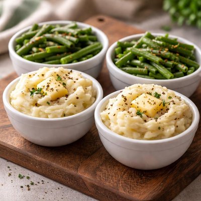 Two cups of mashed potatoes two cups of green beans