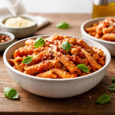كأسين مكرونة بروتينية مطهية مع صلصة حمراء